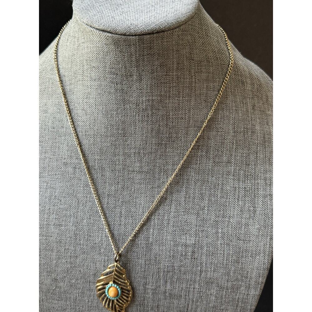 Vintage Peacock Feather Necklace Gold Tone 24” Festival Boho Layered Stackable